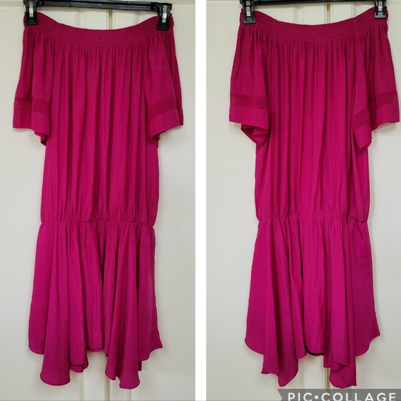Ramy Brook Jessica Off Shoulder Dress in Fuschia, Size L, Asymmetric Hanky Hem - Picture 2 of 10
